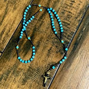 Handmade Rosary with Blue Glass Beads and Hematite Cross and Beads